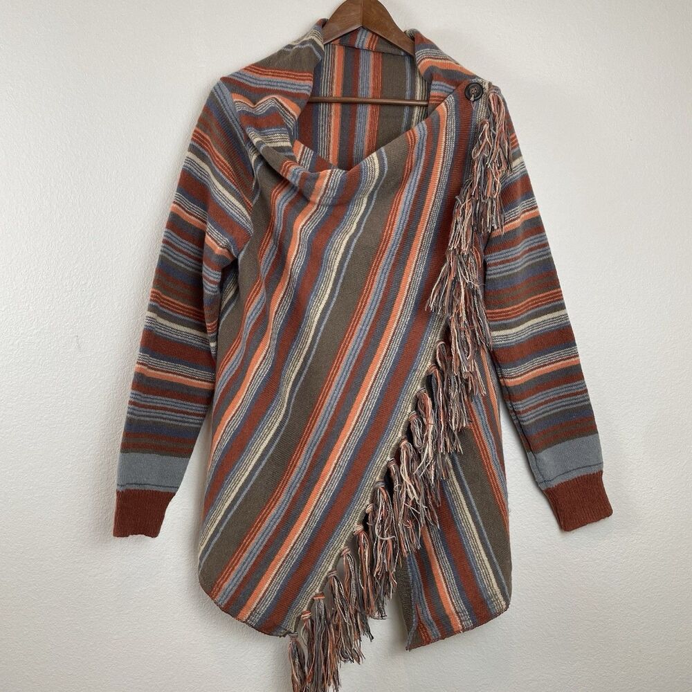 Women’s Open Front Knit Hassle Slash Lose Cardigan Brown Stripe Earthy Boho-M